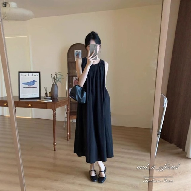 体型カバー プリーツ ノースリーブ ロングワンピース 韓国ファッション ゆったり 7色