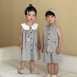 グラフチェック柄セットアップとワンピース（ホワイト）QQMM 2026夏｜80-150cm｜上下セット｜リンクコーデ｜子供服｜韓国子供服｜女の子｜男の子 ［取寄］