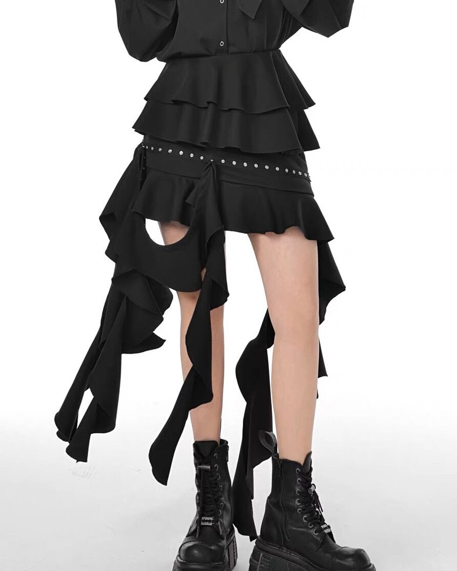 【予約】modular black tiered mini skirt
