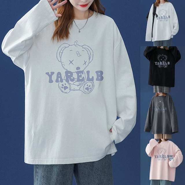 ユニセックス Tシャツ クマちゃん ベアー プリント 長袖 ロンT オーバーサイズ カジュアル 韓国ファッション メンズ レディース ストリートファッション / Harbor Style Bear T-shirt Loose Round Neck Style Top (DTC-654487482909)