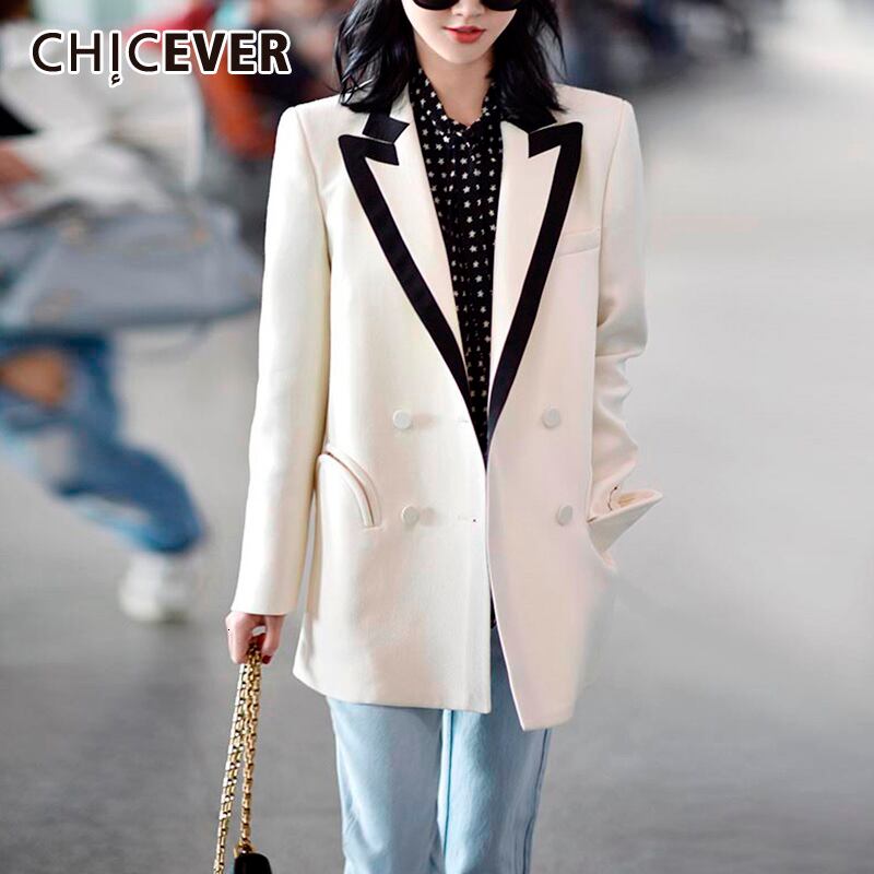 CHICEVERホワイトブレザーレディースノッチカラー長袖パッチワークヒットカラールーズコート2020秋の服 ロング オータム 秋物 6base552034588788