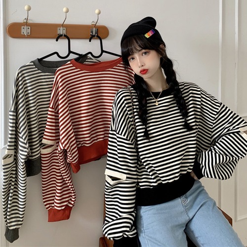 ✞ スウェット 大人女子☆ショートストライプカジュアルトップス ✞ゴスロリ SM ミリ 甘ロリ クラロリ 和ロリ エレガント 黒ロリ 姫ロリ 華ロリ BB-BB56187226548
