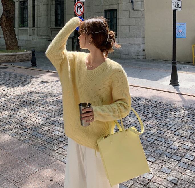 ゆるい怠惰なプルオーバーセーター女性の2020年初秋新しいVネックツイスト学生薄いスプリットトップイン クレセントシティ10258234526