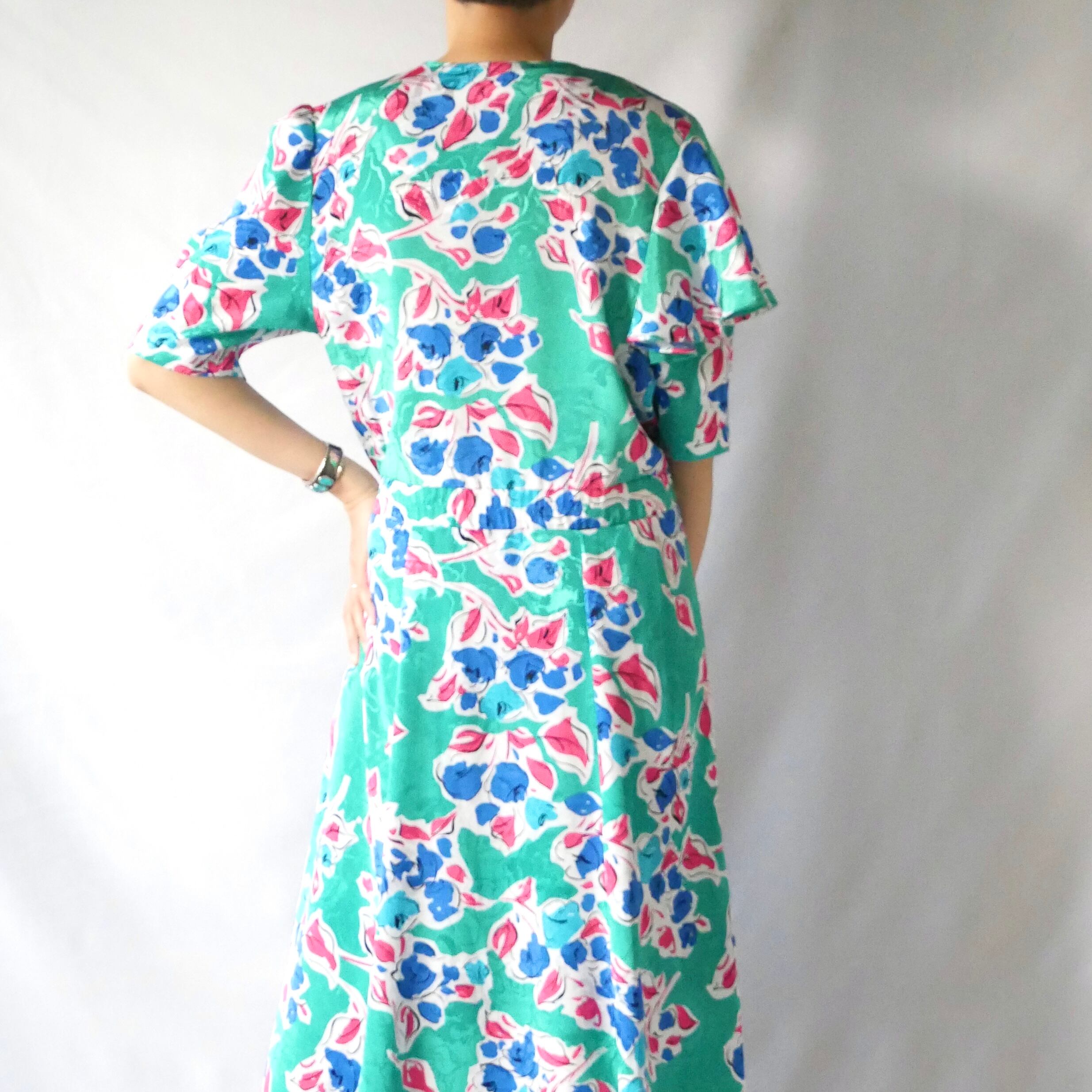 80s vintage 100% polyester green floral onepiece 80年代 グリーン