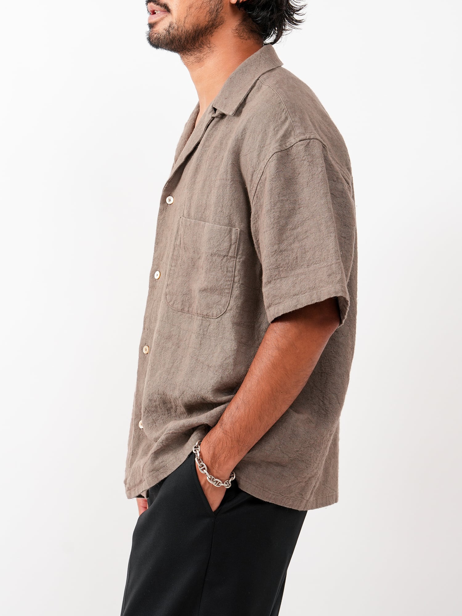 Hemp Short Sleeve Open Collar Shirt (black) | OVY