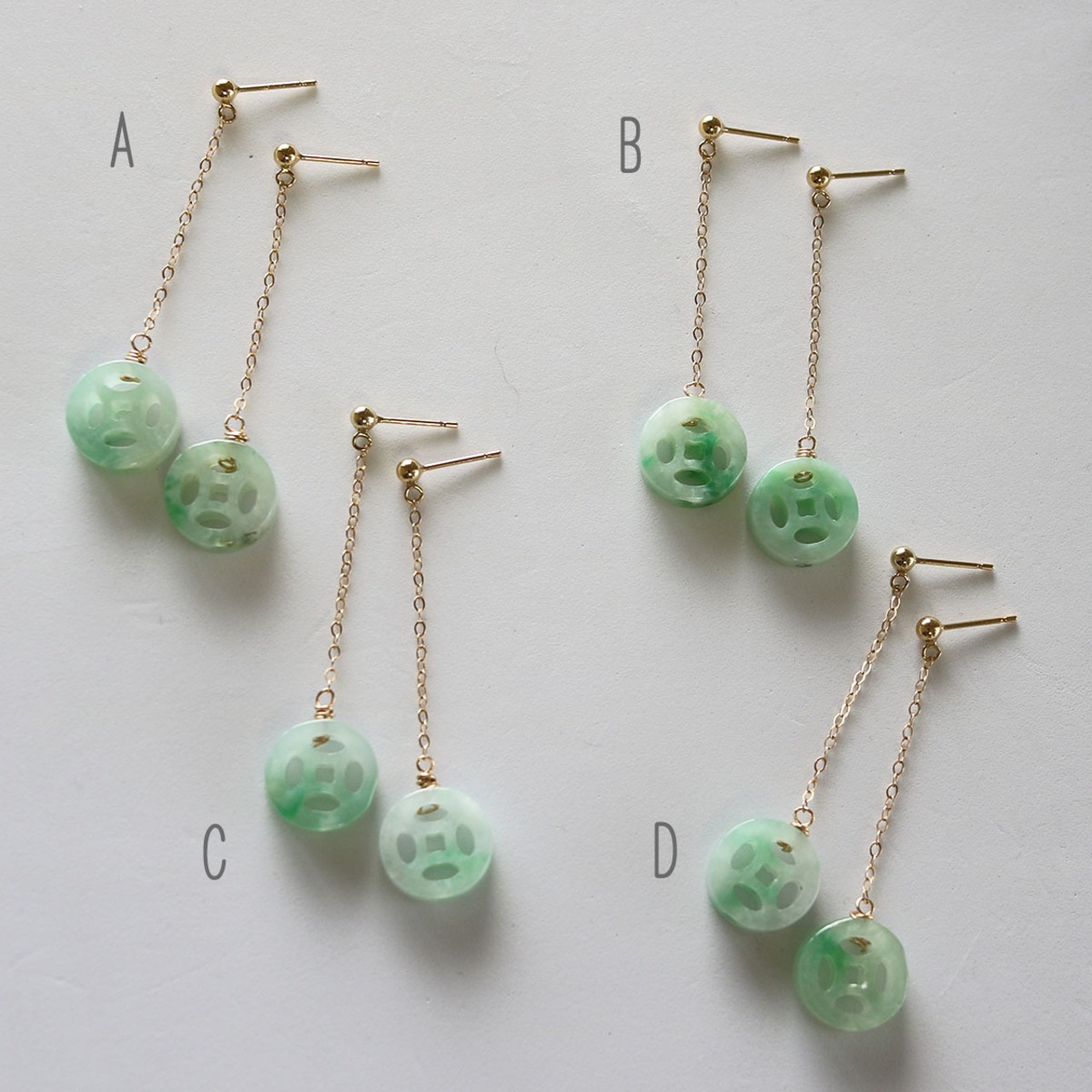 ミャンマー産翡翠 K14gf チェーン 翡翠透かし彫り ピアス A貨翡翠 jd_mm1003