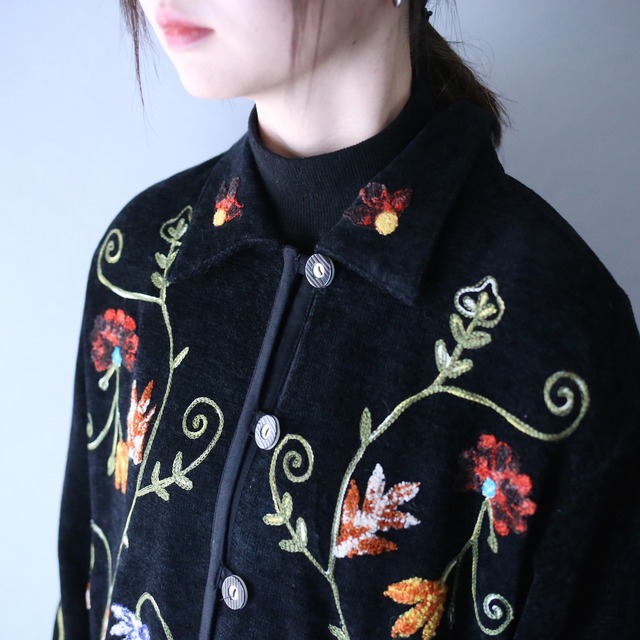 "刺繍" flower art full pattern loop button design pile fabric shirt jacket