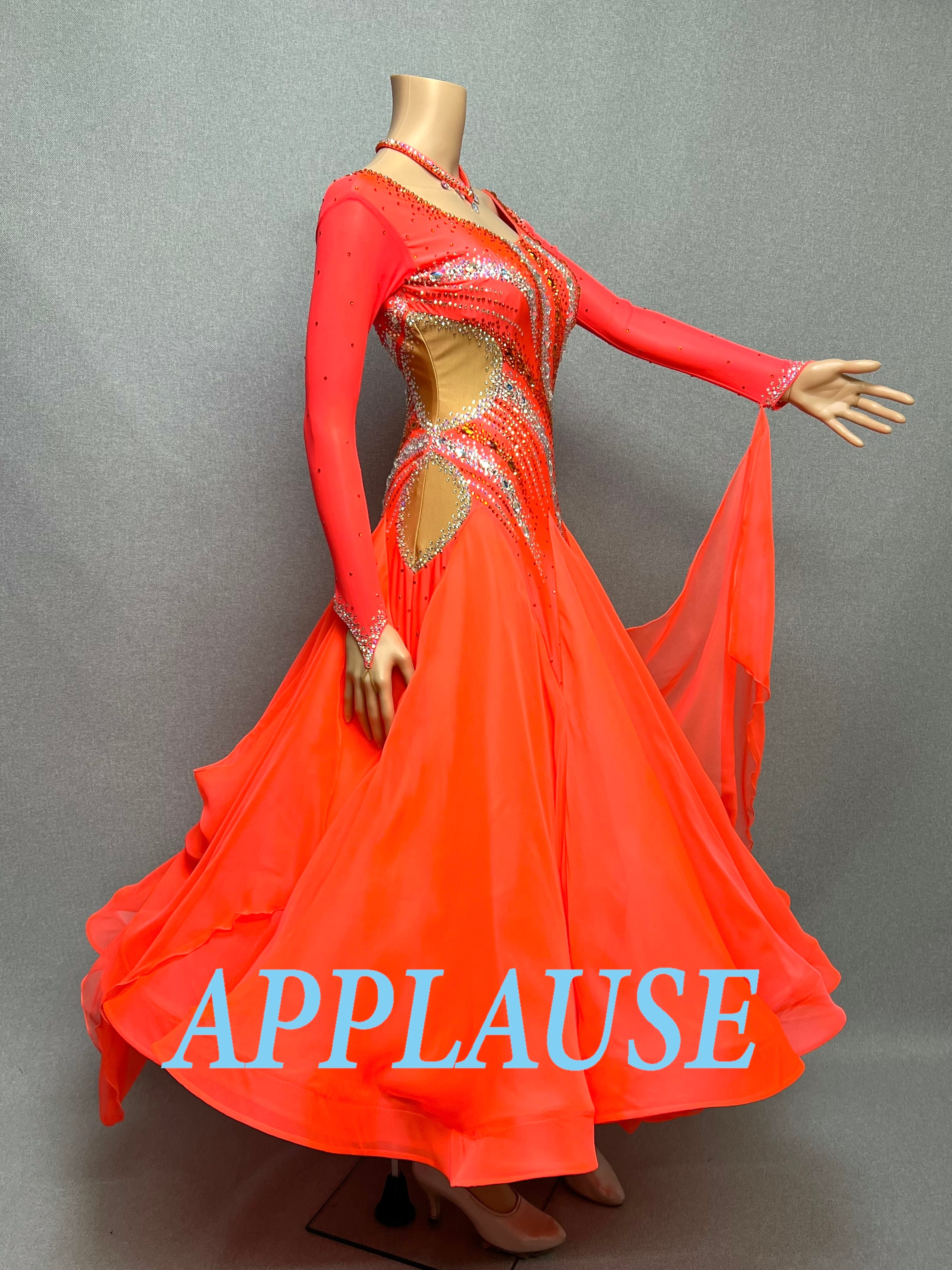 【新着】社交ダンス ドレス　モダン　スタンダード ドレス　ST-26-２　タンジェリンオレンジ　M〜L　デモ・競技用ドレス　発表会　衣装　パーティドレス　ワンピース　舞台衣装