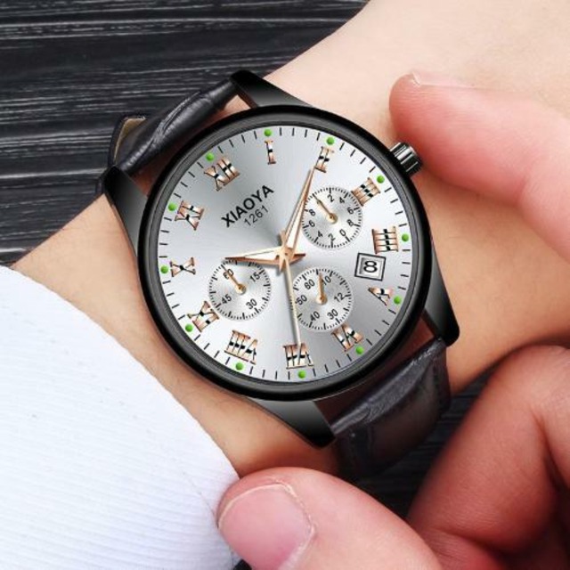 メンズ　腕時計　ラウンド　ブラック　黒　レザー　クォーツ時計　カジュアル　ビジネス　高級ブランド　Trendy-19-white