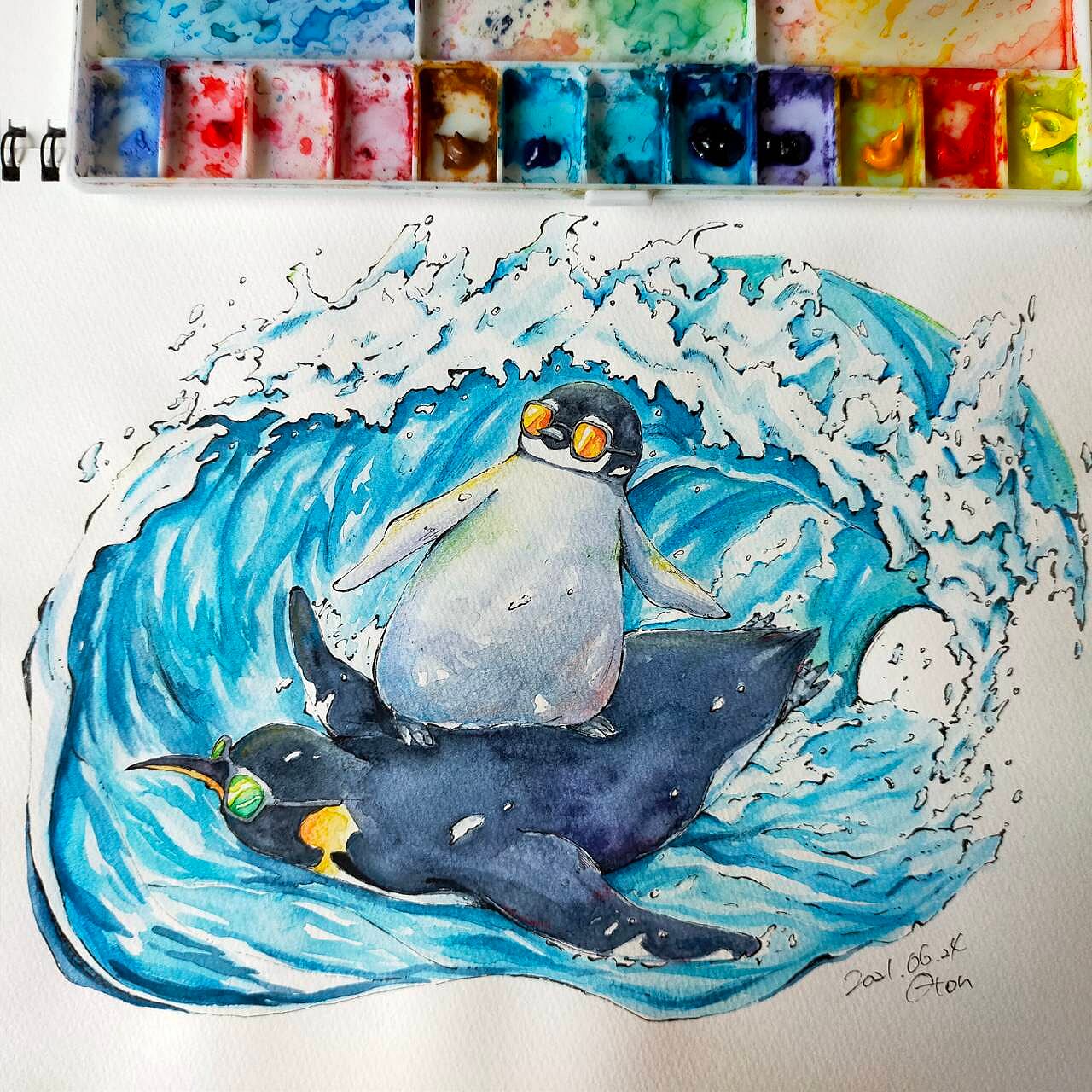 波乗りペンギン 耐水ステッカー | オトンノアトリエ