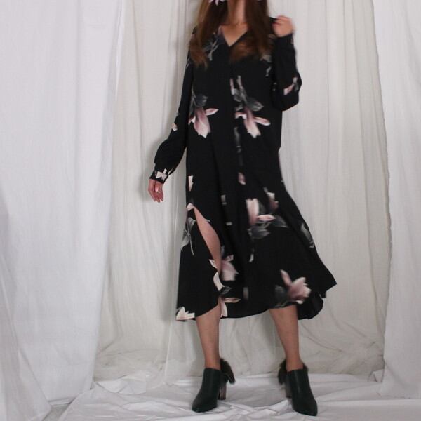 yae オリジナル花柄オパールワンピース カーディガン セット 黒花柄