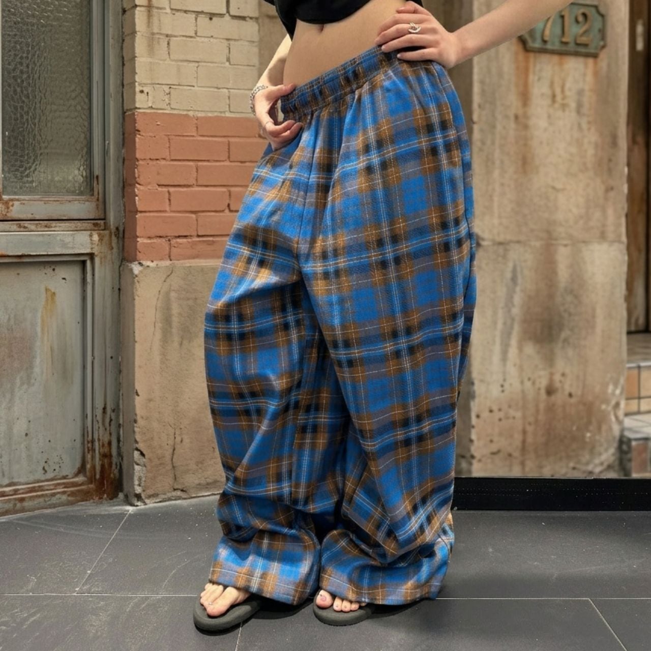 レトロチェックリラックスラインパンツ 2col R02105