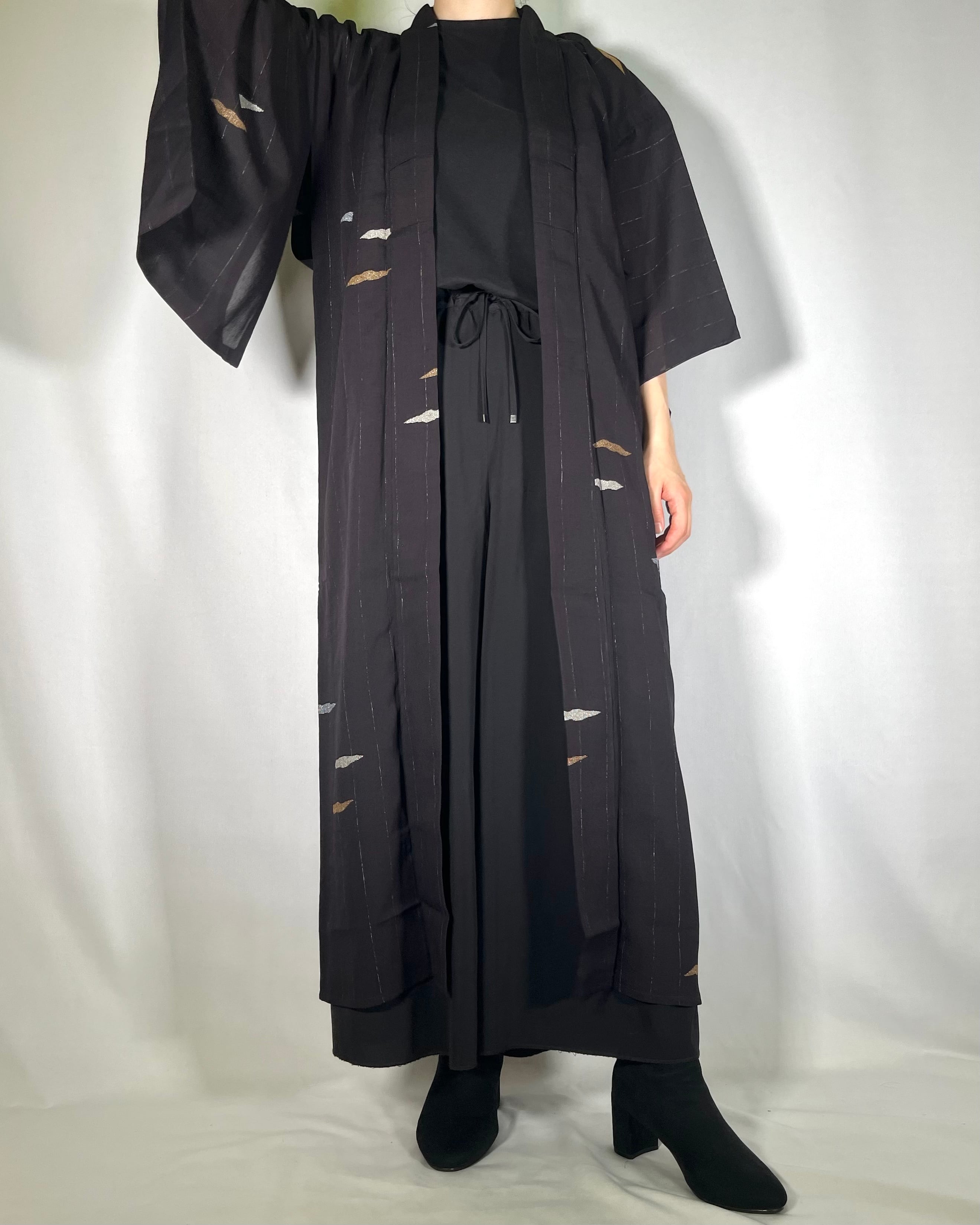 11887】 着物リメイク ロングコート 夏用 薄手 透け感 黒 抽象模様