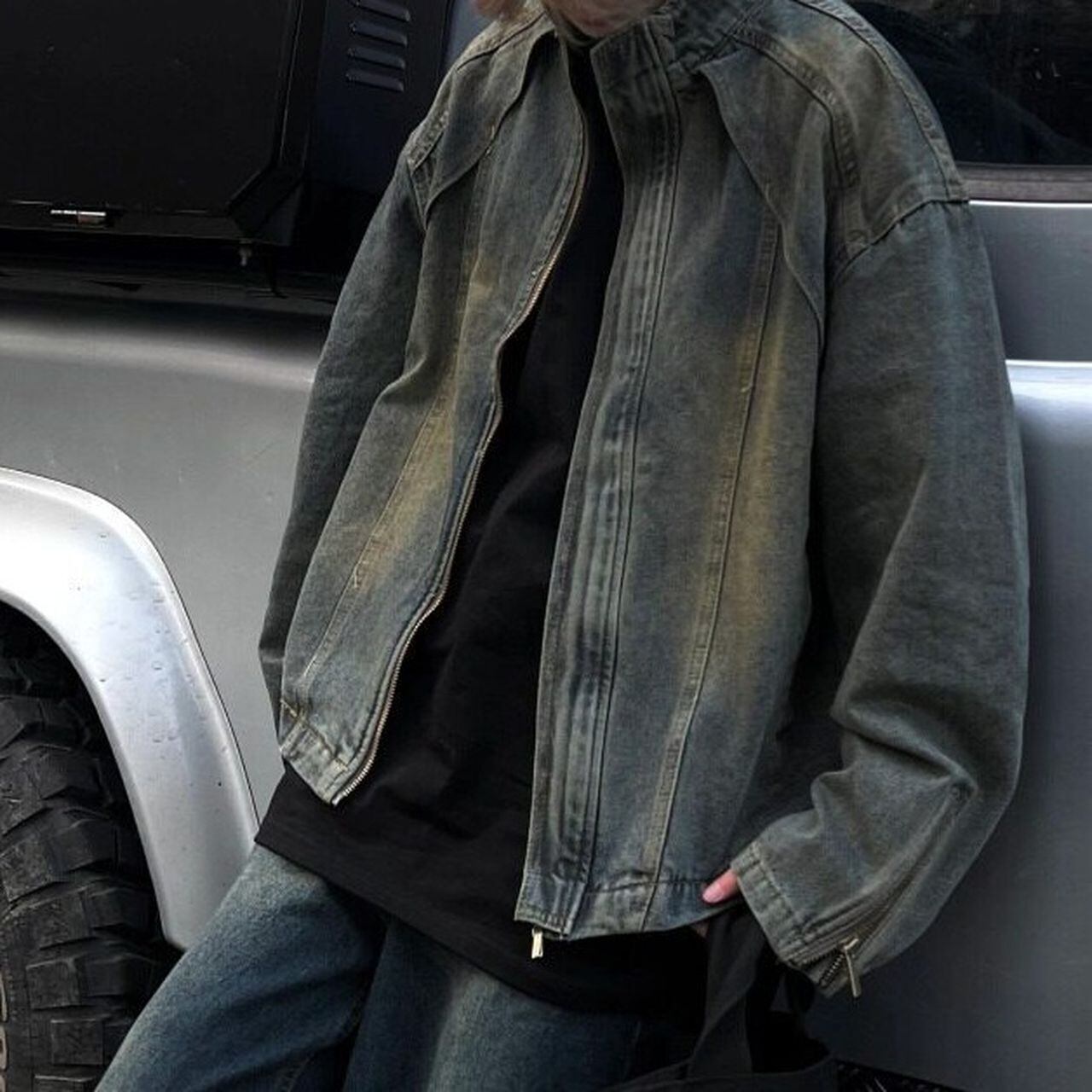 Washed-finish stand-collar denim jacket(MT1715)