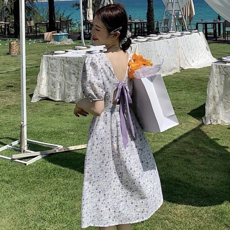 スタンダードフローラルドレス サマースタイルスリーブスカート レトロ 夏物 花柄 スクウェア YY-ファッション32129842439