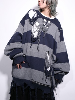 REMAKE / clash bolo × zip XXL over silhouette border knit
