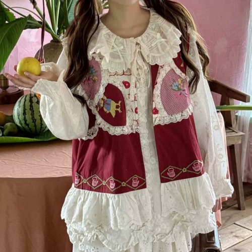花柄パッチワークフリルレースベスト ・12449