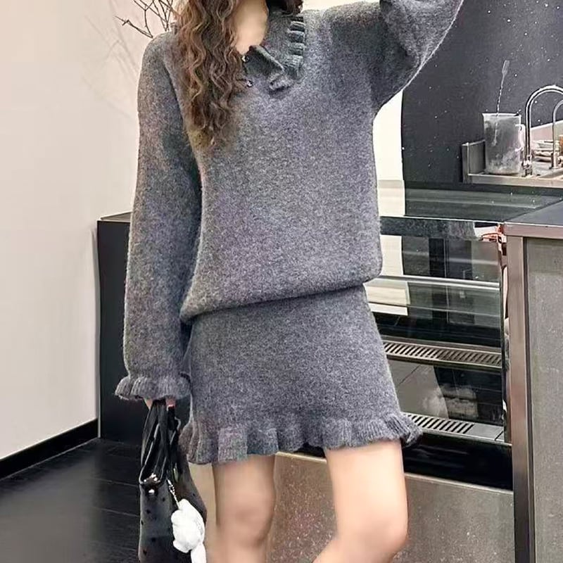 【set】フレアニットトップス×ミニスカートセット Q7866