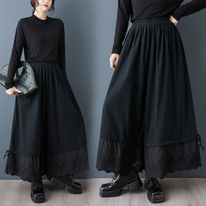 LACE TRIM TIE HEM WIDE LEG RELAXED PANTS M-18851