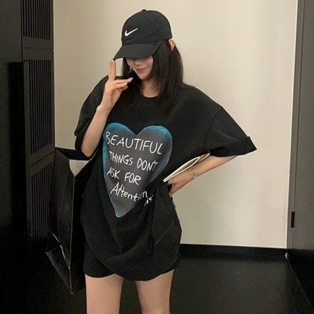 ビッグハートレタープリントルーズラインTシャツ 2col R02445