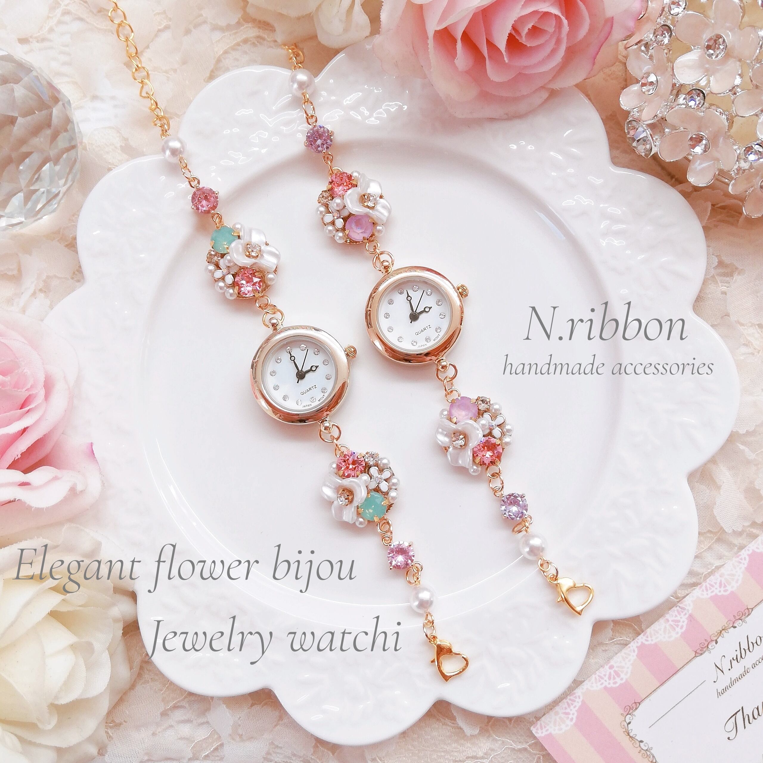 Instagramで人気 Elegant Flower Bijou Jewelry Watch エレガントフラワービジュー ジュエリー ウォッチ 腕時計 N Ribbon Handmadeaccessories