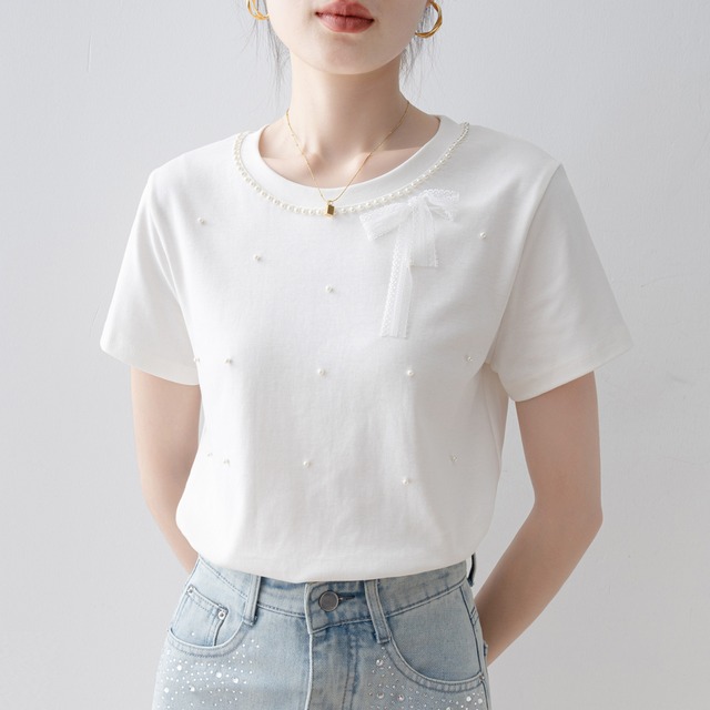 リボン パール 半袖 カットソー ホワイト 250521