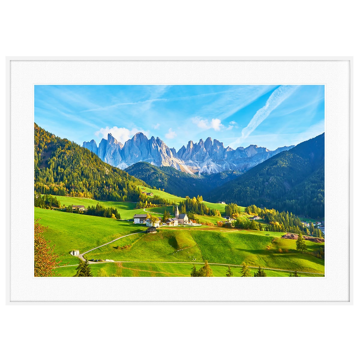 イタリア写真 ドロミテ山地のフネス谷にあるサンタ・マッダレーナ村 インテリア アートフォトポスター額装 AS4724