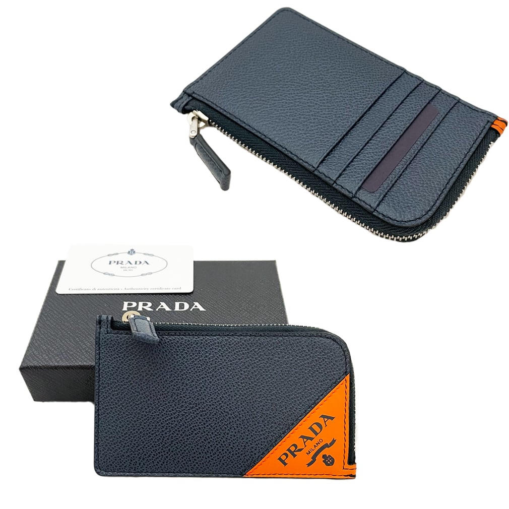 新品プラダPRADAメンズミニ財布2MC021(カードケース コインケース)濃紺×オレンジ