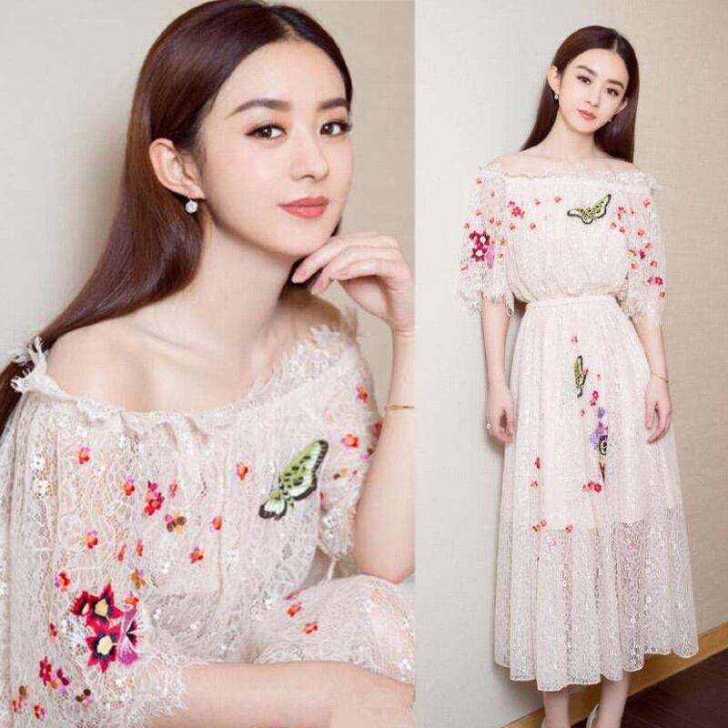 オフショルダー 花刺繍 ロングワンピース