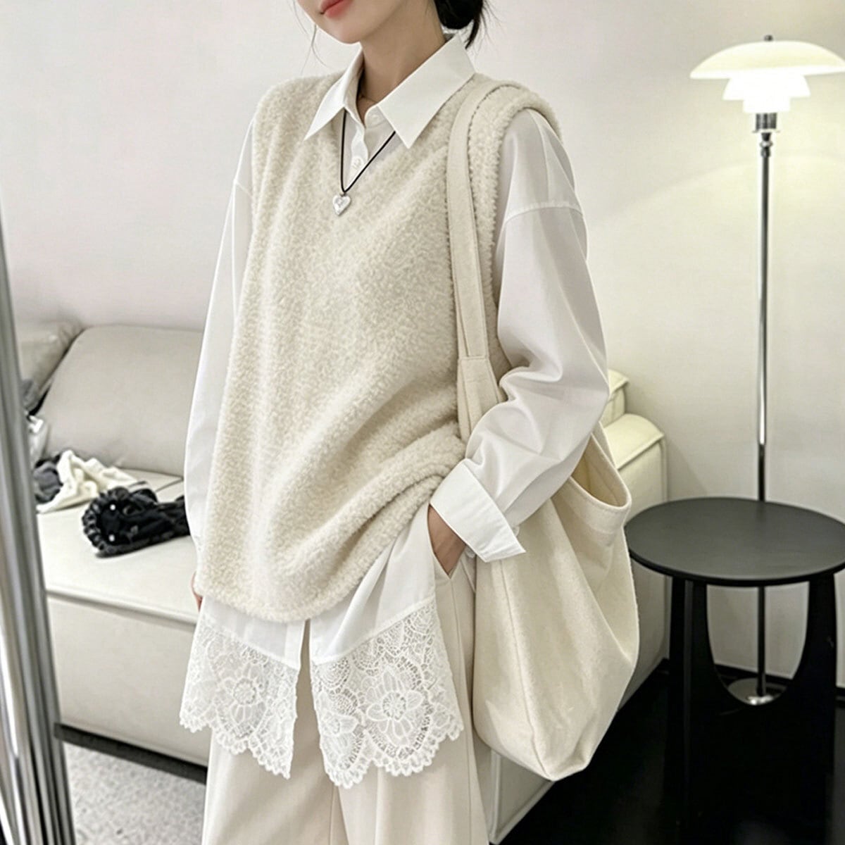 裾レース シャツ 長袖 ブラウス レディース 韓国 春 秋 きれいめ シンプル ゆったり オーバーサイズ 大人 カジュアル レース切り替え おしゃれ ロングシャツ ホワイト 白 大人可愛い 大人女子