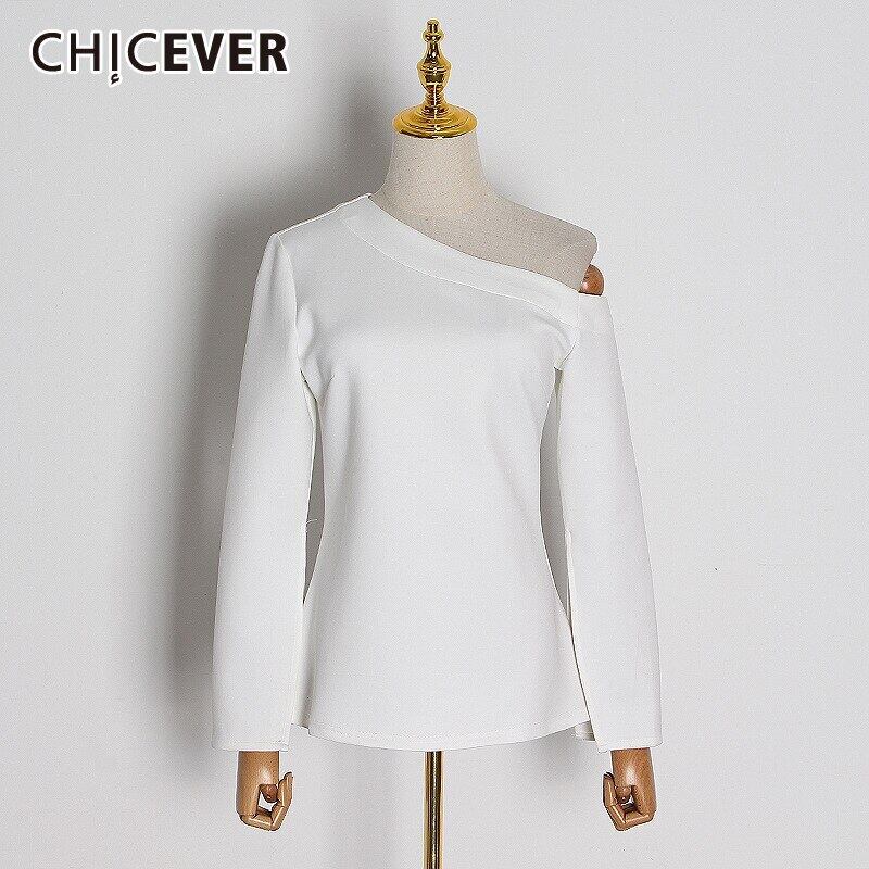 CHICEVERホワイトセクシーTシャツ女性スキューカラーフレア長袖オフショルダースプリット服2021秋 ロング 6base519875208923