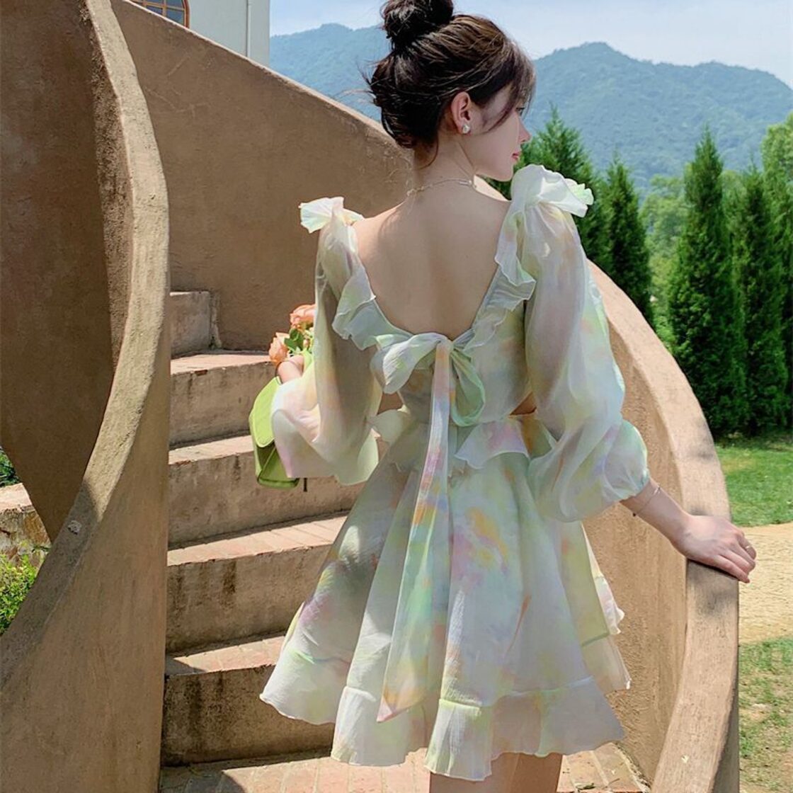 甘い絞り染め妖精ドレスシックフリル V ネック長袖ドレスビーチ 