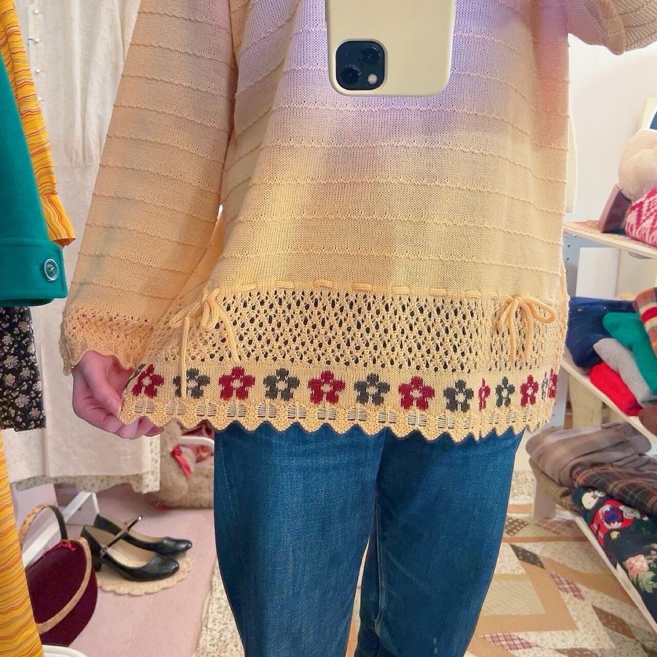 orange flower ribbon openwork knit sweater