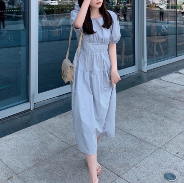 ミモレ丈ワンピース レディース ワンピース ミモレ 半袖 パフスリーブ クルーネック 襟なし フレア リボン ウエストマーク バックリボン ハイウエスト かわいい おしゃれ ガーリー 存在感 ラブリー キュート ロマンティック ナチュラル 無地 春 夏 秋 ロングシーズン デート お出かけ 女子会 休日 ショッピング コンサート ライブ お花見 カフェ ピクニック ランチ 楽ちん プチプラ 普段使い 着回し モテ 清楚 インスタ映え S M L カラバリ ブルーグレー 黄色 イエロー 春カラー