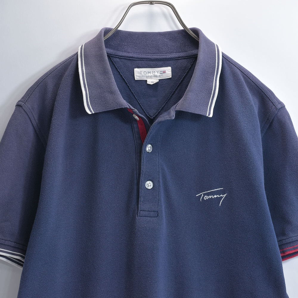 グッドフェード TOMMY トミー 筆記体ロゴ 刺繍 アシンメトリーデザイン ポロシャツ 鹿の子 ネイビー ヴィンテージ 半袖 紺 ビンテージ USA アメリカ古着 メンズS相当