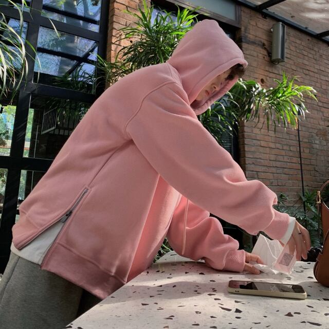 【予約販売】パーカー セーター 無地 フーディ スリット メンズ グレー ピンク オーバーサイズ こなれ感 ストリート お洒落 韓国 トレンド 秋冬 M/L/XL