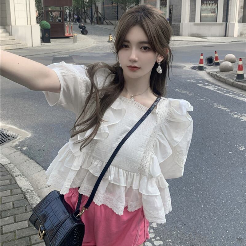 サマースタイルレースサイドスリーブシャツ ハイウェストウェストカラーパンツ レディース ランタンスリーブ 大人ガーリー スウィート キュート カジュアル 夏物 ドラファッションホール72248825925