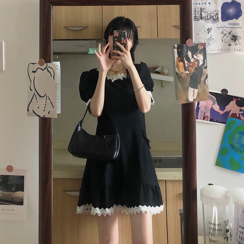 スタンダードスカート スプリングブラックドレス レトロ 春物 試着室96149883187