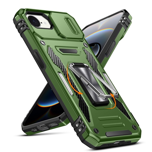 mneudedu 対応 iPhone 17e / iPhone 16e ケース リング 耐衝撃 車載ホルダー対応 カメラ保護 傷防止 ダークグリーン