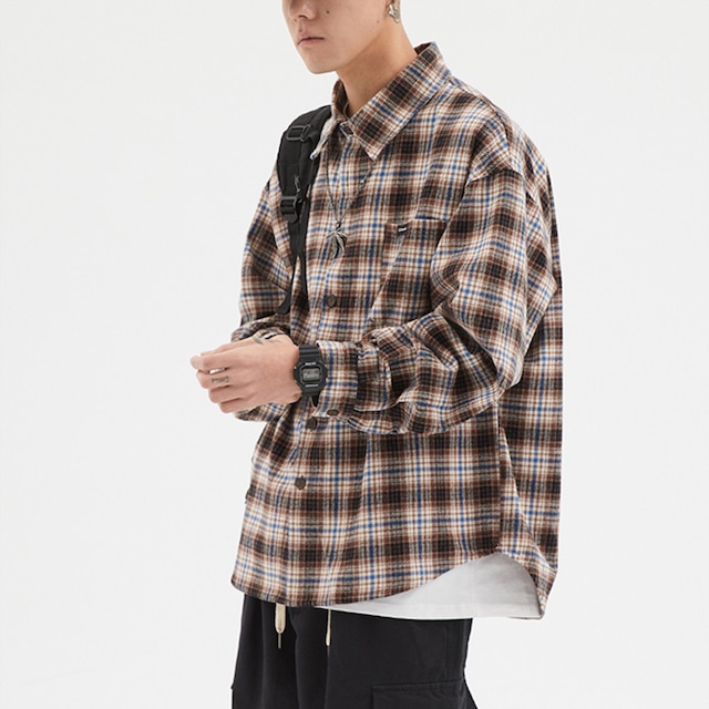 ★RETRO CONTRAST COLLAR STRIPED CHECK SHIRT 20369