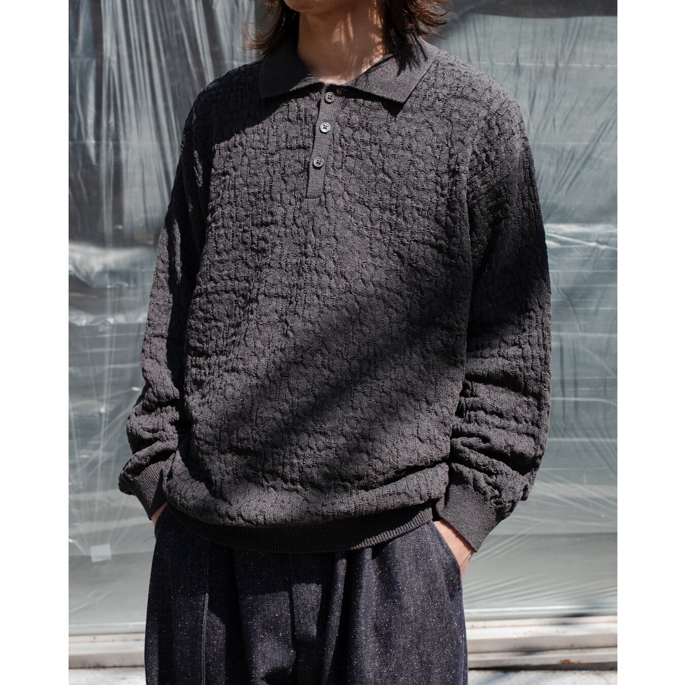 24SS Blanc YM 黒 Vネック ニットポロシャツ Blanc YM（ブランワイエム）の「Blanc YM ブランワイエム / Skipper