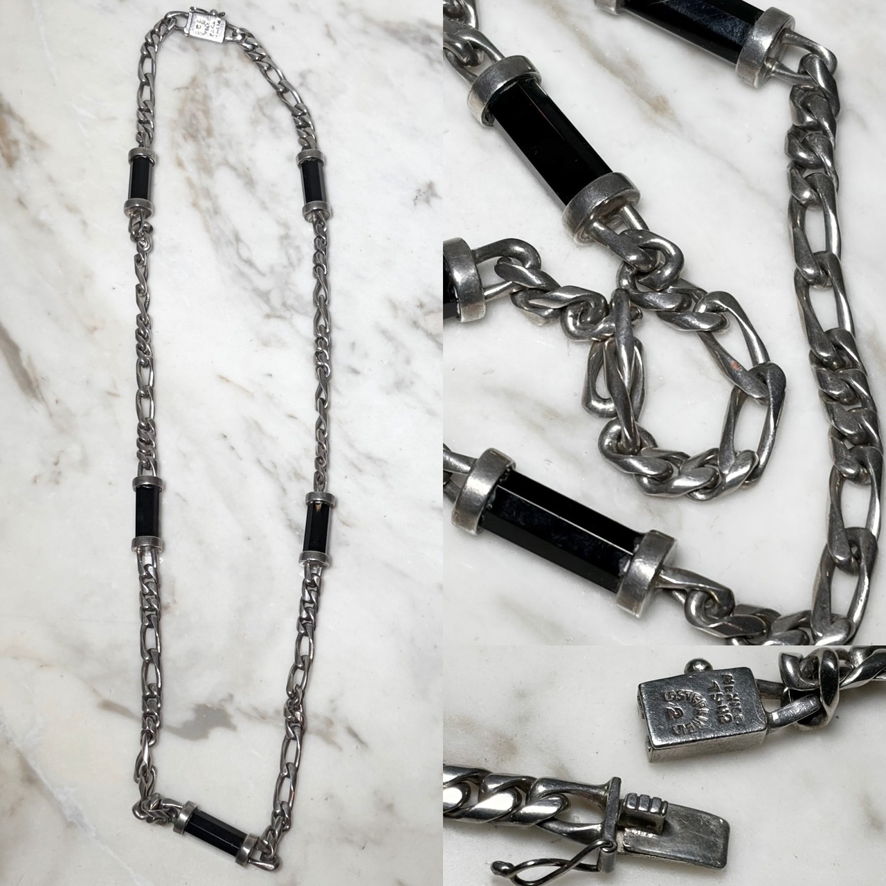 vintage Mexican heavy gauge silver × onyx link chain necklace
