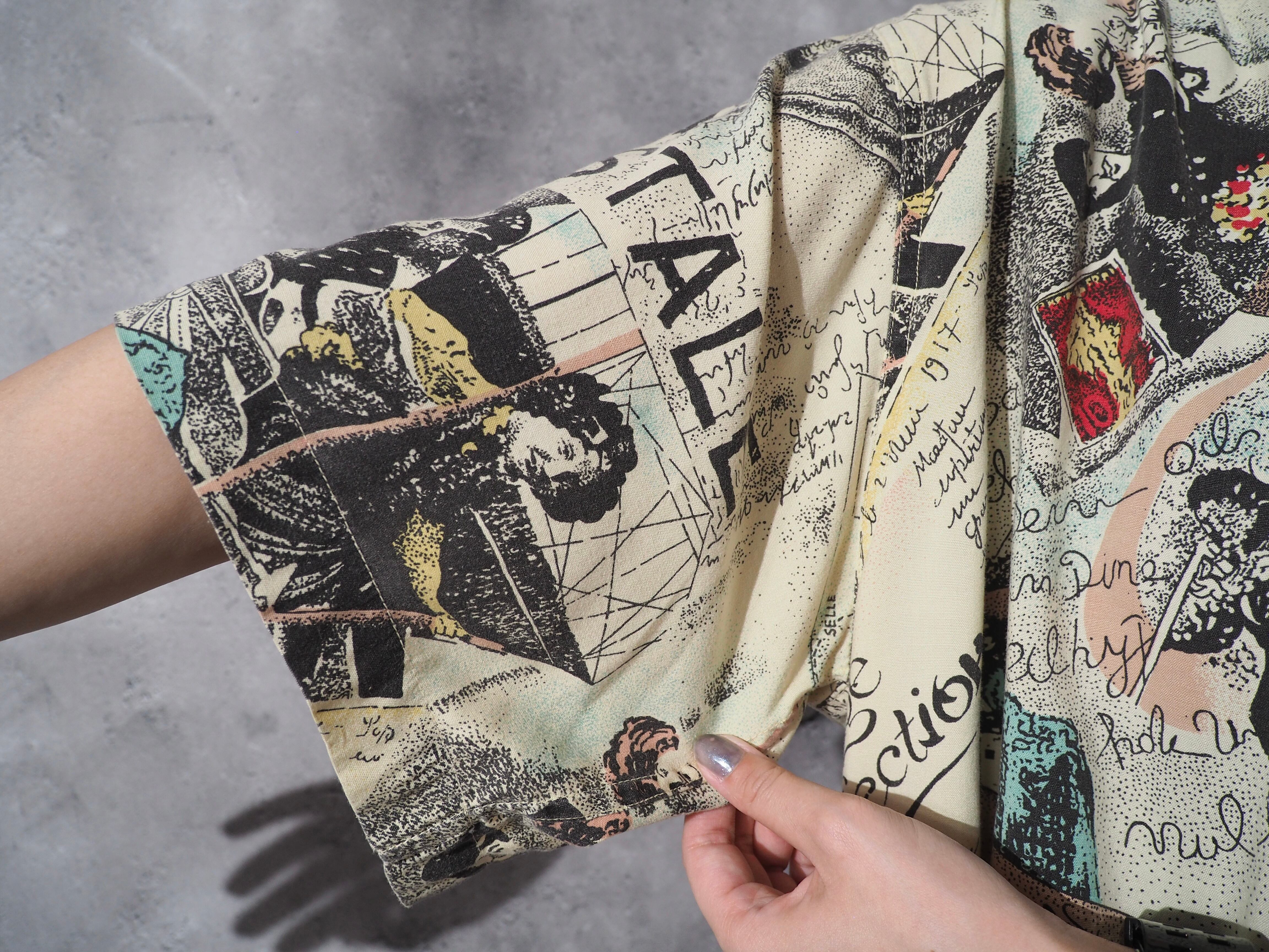 1980-90s letter paper art design vintage rayon shirt