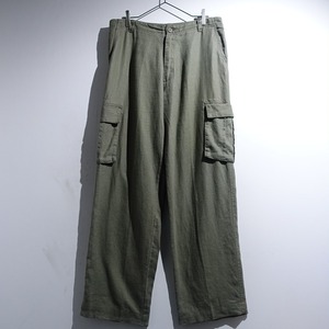 Green Linen Wide Straight Cargo Pants