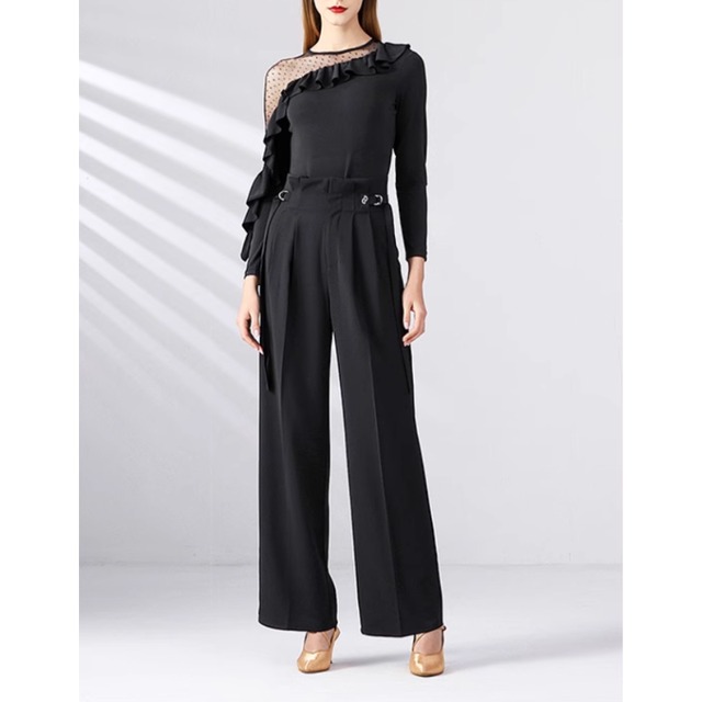 ラッフルスリーブ ラウンドネック フレア レオタード トップス 3col　D00392