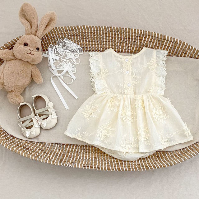 【BABY】フローラ刺繍レースフリルワンピースロンパース - 14