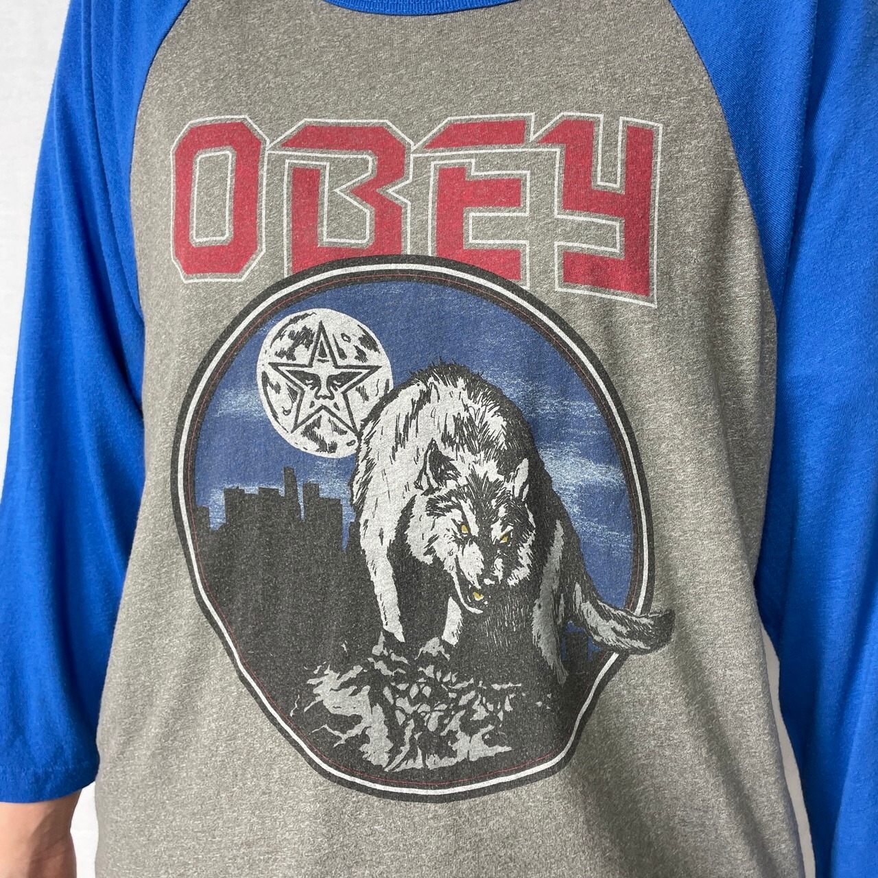 00年代 USA製 OBEY オベイ オオカミ アニマル プリント ラグランT 