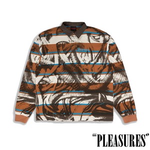 【PLEASURES/プレジャーズ】WORMS RUGBY LONG SLEEVE POLO ポロシャツ / BROWN STRIPE / HOL25-13815