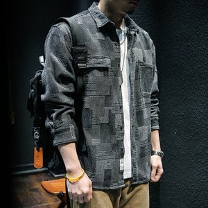 Patchwork check pattern long-sleeved denim shirt(VE053)