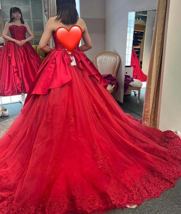 カラードレス ベアトップ 裾に繊細レースをあしらった 編み上げ ワイン  